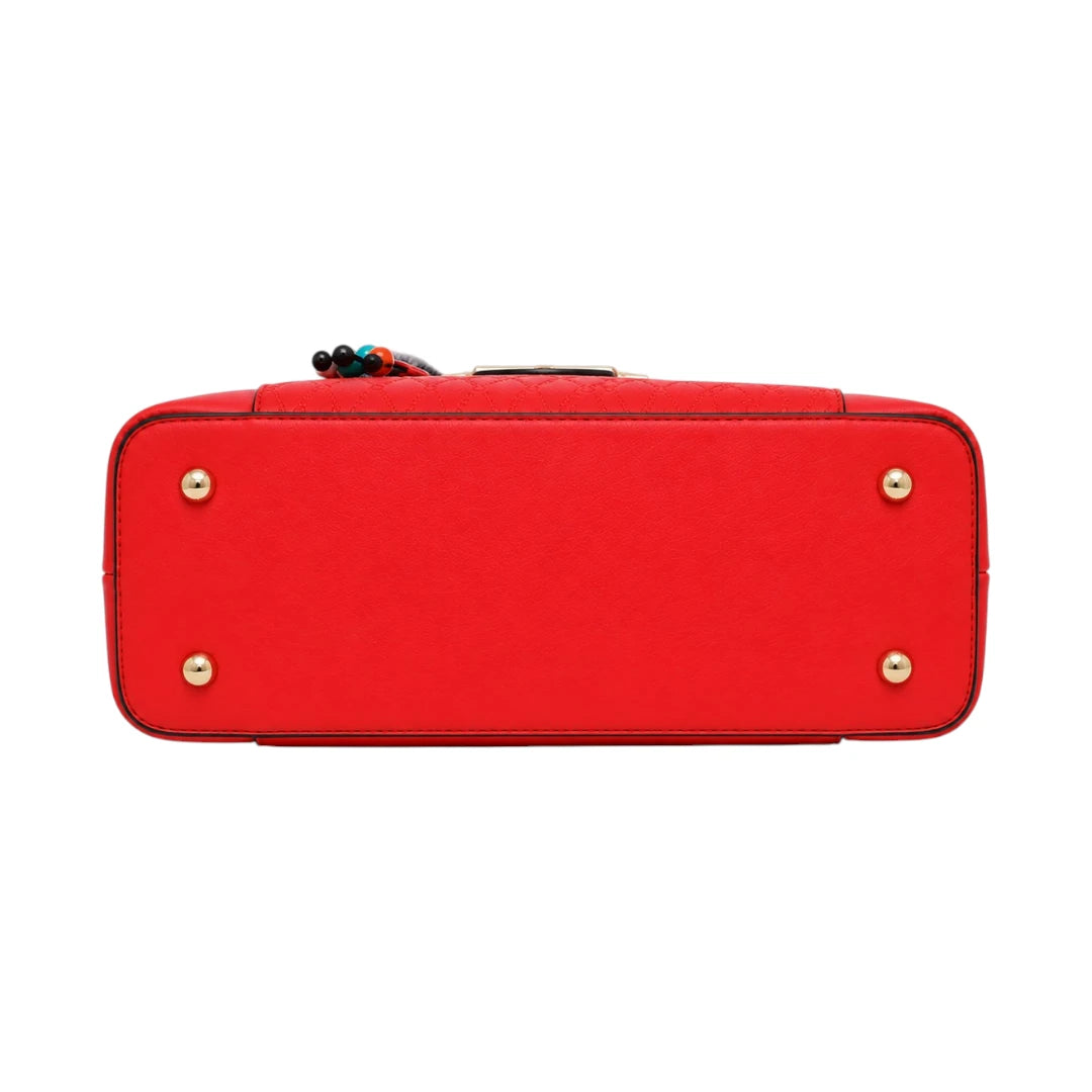 Janri Scarlet Red Leather Handbag With Textured Front Panel