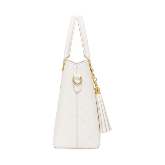 Janri White Leather Handbag With Elegant Tassel Accent