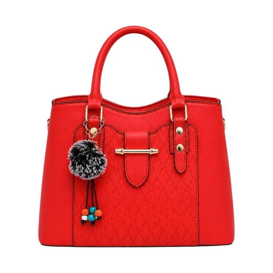 Janri Scarlet Red Leather Handbag With Textured Front Panel