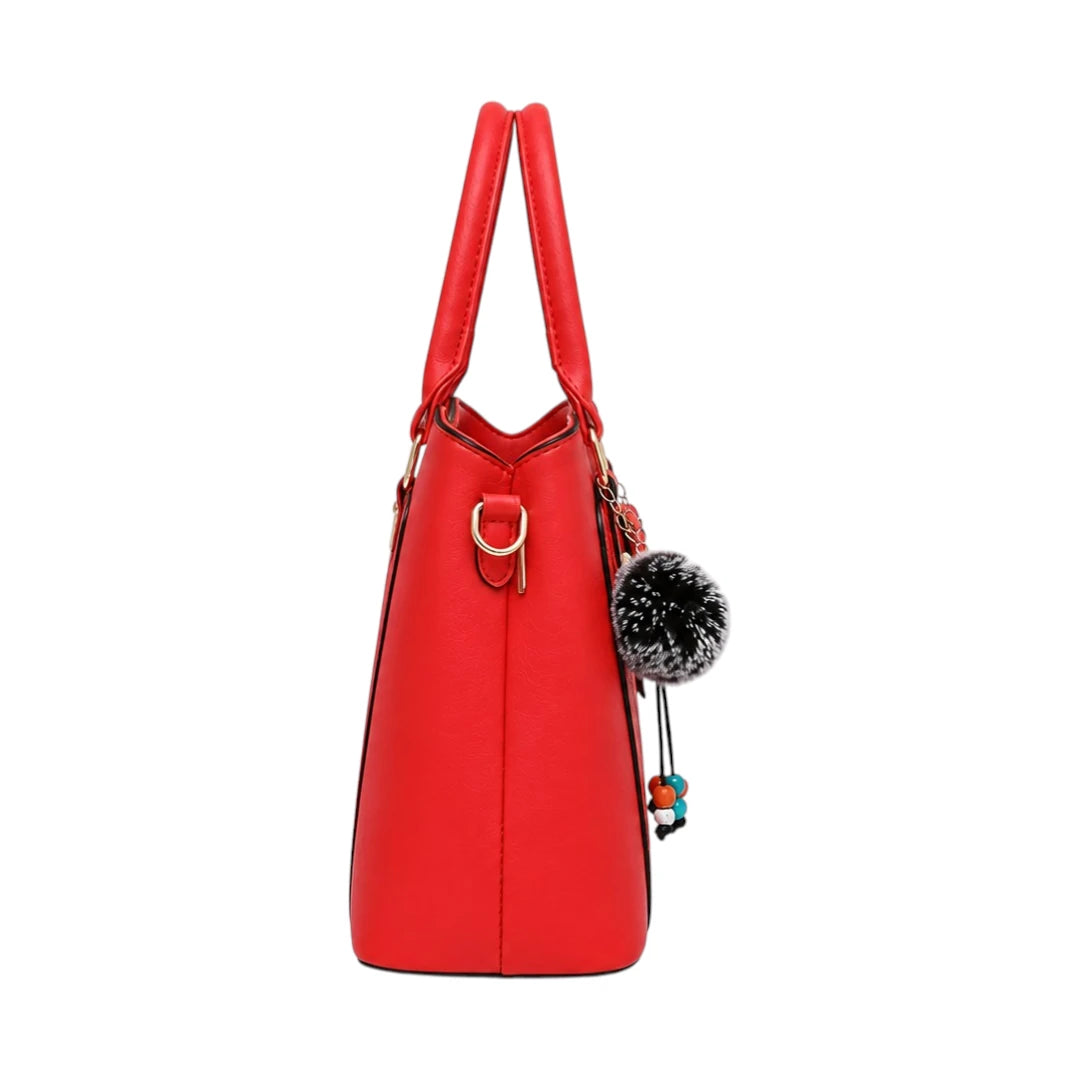 Janri Scarlet Red Leather Handbag With Textured Front Panel