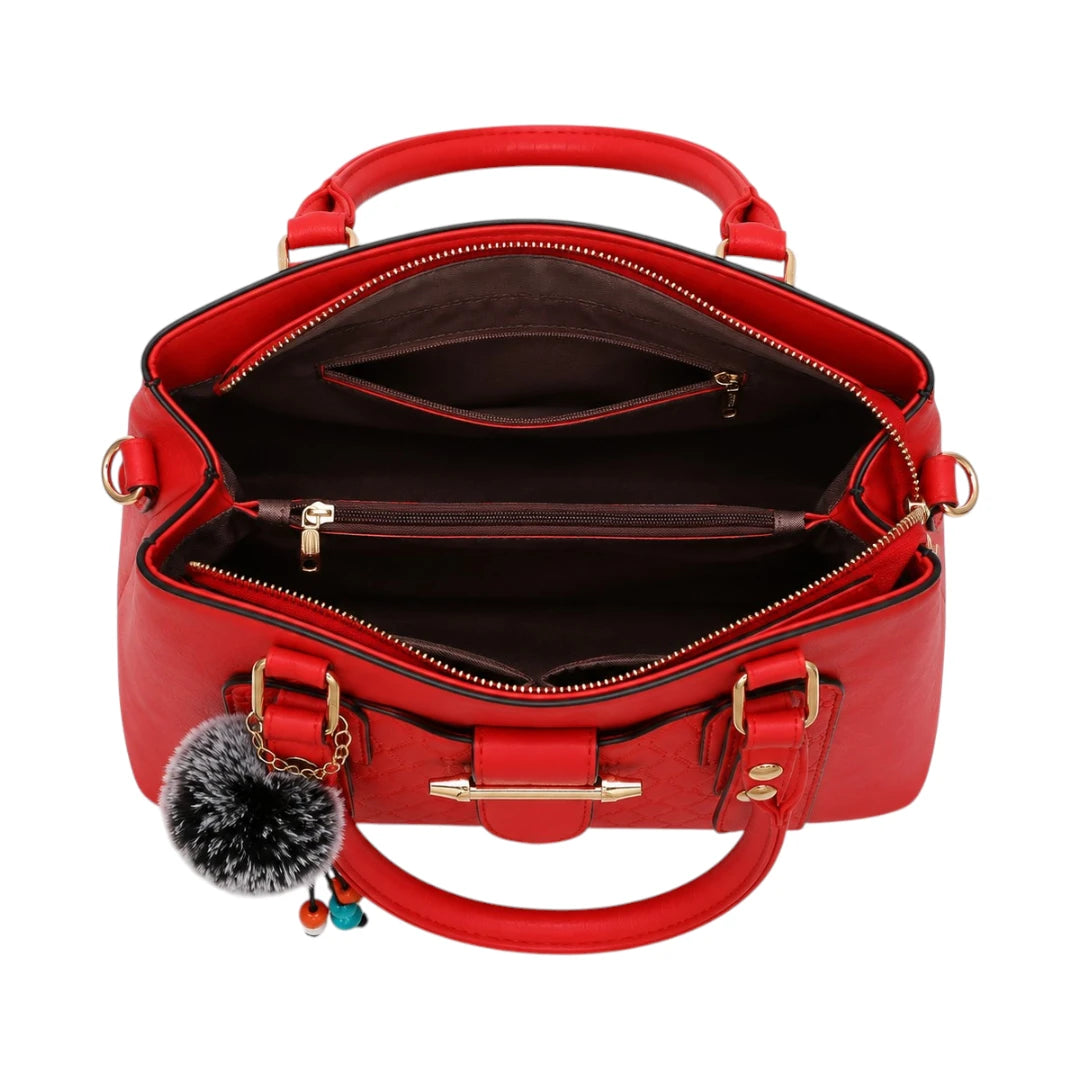 Janri Scarlet Red Leather Handbag With Textured Front Panel
