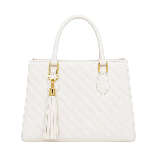 Janri White Leather Handbag With Elegant Tassel Accent