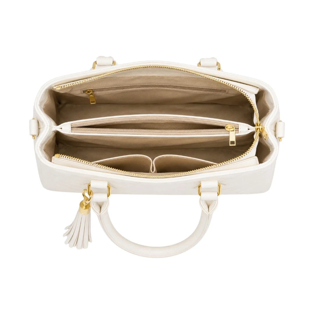 Janri White Leather Handbag With Elegant Tassel Accent